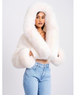 Miss Circle Kali Cropped Faux Fur Jacket With Hood - White