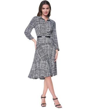 DKNY Long Balloon Sleeve Collared Belted Midi Shirt Dress - Blue