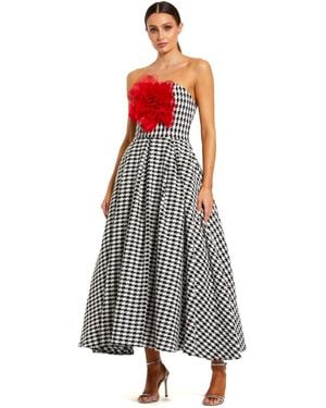 Mac Duggal Strapless Boucle A Line Midi Dress With 3d Flower - White