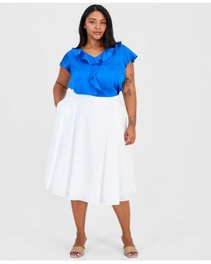 Tahari Asl Plus Size Pleated Cotton Midi Skirt - Blue