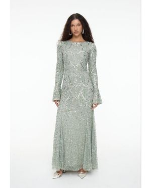 MARYISA Modest Embellished Sequin Beaded Dress Maxi With Ribbon On Sleeves - Green
