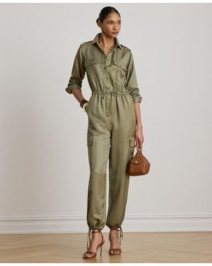 Ralph Lauren Petite Spread Collar Shantung Cargo Jumpsuit - Green