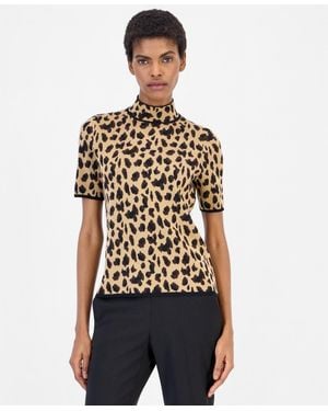 Anne Klein Animal-print Mock-neck Short-sleeve Sweater - White
