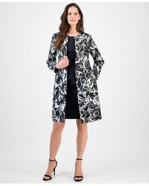 Le Suit Petite Floral-print Jewel-neck Jacket Topper & Empire Seamed Dress Set - Blue