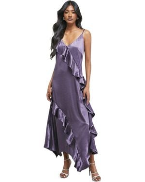 Warehouse Metallic Satin Ruffle Midi Slip Dress - Purple