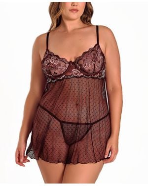 iCollection Plus Size Lace And Dotted Mesh Babydoll Lingerie Set - Red