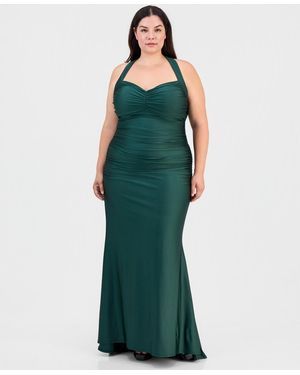 B Darlin Trendy Plus Size Shiny Knit Ruched Back-tie Gown - Green