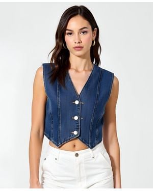 Modenaire V-neck Button-front Angled Hem Denim Vest - Blue