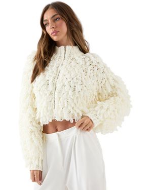 MissPap Zip Up Cream Fringe Loop Cardigan - White