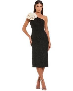 Mac Duggal One Shoulder Boucle Midi Dress With 3d Flower - Black