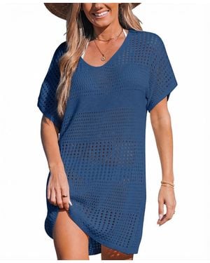 CUPSHE Crochet Short Sleeve Cover-up Mini Beach Dress - Blue