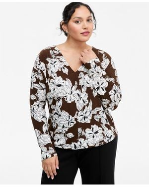 INC International Concepts Plus Size Floral-print Pleated V-neck Long-sleeve Top - Gray