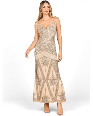 Lara Contrast Beaded V-neck Fitted Gown - Natural