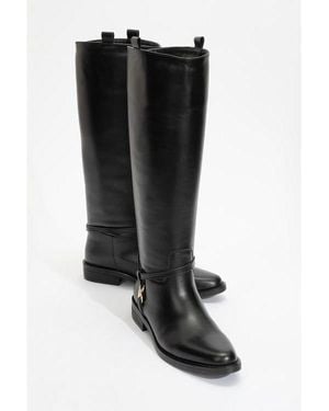 Forever & Always Shoes May Leather Knee High Buckle Boot () - Black