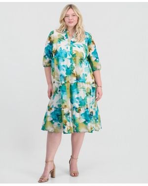 Sandra Darren Plus Size Linen Split-neck Midi Dress - Blue