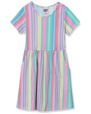 Lands' End Girls Short Sleeve Gathered Waist Jersey Dress - Blue