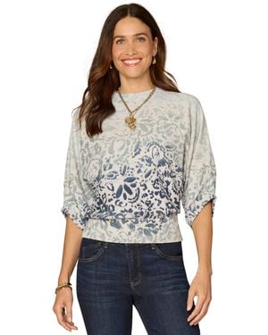 Democracy Petite Round Neck Dolman-sleeve Printed Top - Gray