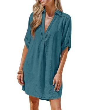 CUPSHE Throw It On White Cover-up Mini Beach Dress - Blue