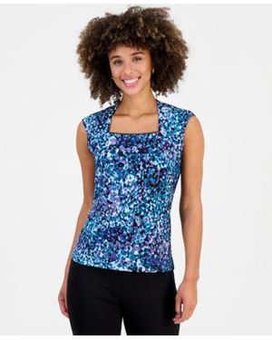 Kasper Square Neck Cap Sleeve Top - Blue