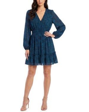 Taylor Smocked Waist Long Sleeve V Neck Dress - Blue