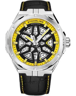 Stuhrling Automatic Watch Alligator Embossed Genuine Leather Strap - Gray
