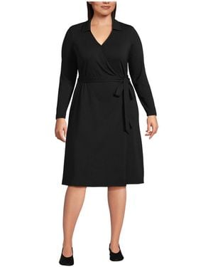 Lands' End Plus Size Cotton Modal Collared Wrap Dress - Black