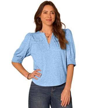 Democracy Petite Blouson-sleeve Mandarin Collar Knit Top - Blue