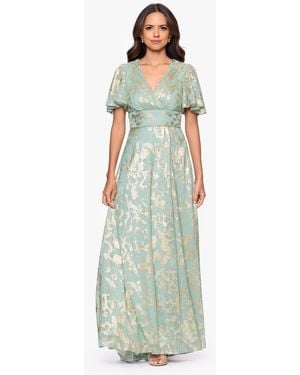 Betsy & Adam Foil Print V-neck Gown - Green