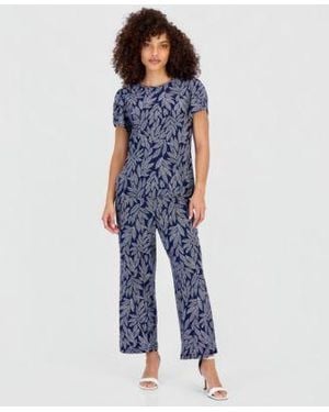 Anne Klein Essentials Petite Printed Tulip Sleeve Top Printed High Rise Pull On Pants - Blue