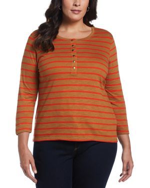 ELLA rafaella Plus Size Cotton Knit 3/4 Sleeve Henley Top - Orange