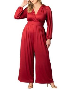 Kiyonna Plus Size Brigitte Long Sleeve Wide Leg Jumpsuit - Red