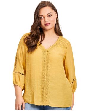 Avenue Embroidered Lace Detail Peasant Blouse - Yellow