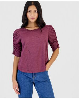 Democracy Petite Printed Ruched-sleeve Scoop-neck Top - Purple