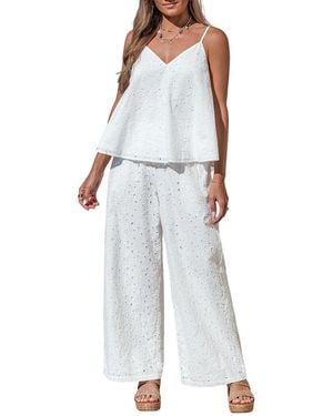 CUPSHE V-neck Eyelet Embroidered Wide-leg Matching Sets - White