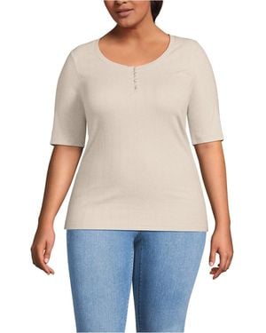 Lands' End Plus Size Elbow Sleeve Variegated Micro Rib Scoop Neck Henley - Gray