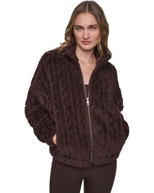 DKNY Cable-patterned Sherpa Full Zip Jacket - Brown