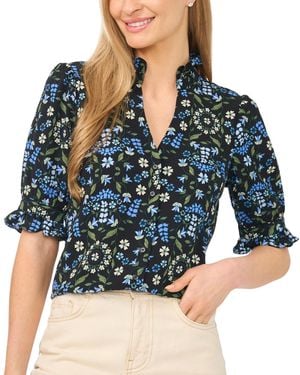 Cece V-neck Floral Ruffle Button-down Blouse - Blue