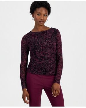 INC International Concepts Petite Long-sleeve Ruched Mesh Top - Purple