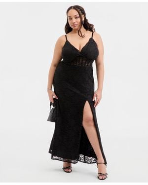 City Studios Trendy Plus Size Glitter Lace Spaghetti-strap Gown - Black