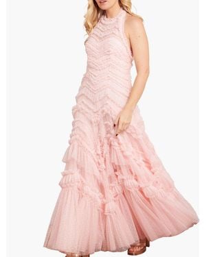 Needle & Thread Elia Halter Neck Ruffle Tulle Maxi Gown - Pink