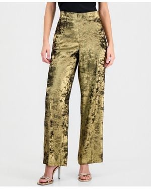Anne Klein Metallic Foil-crepe High-rise Wide-leg Pants - Green