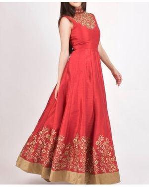 Ras Embroide Silk High Neck Gown - Red