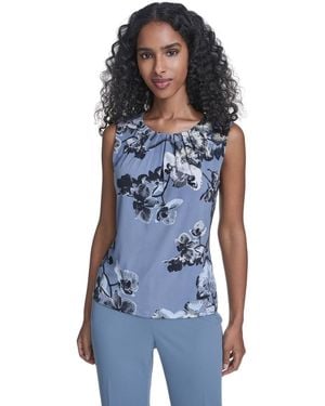 Calvin Klein Printed Sleeveless Pleated Top - Blue