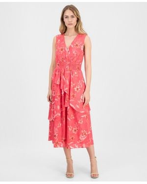 Anne Klein Asymmetric-tiered Floral Chiffon Midi Dress - Pink