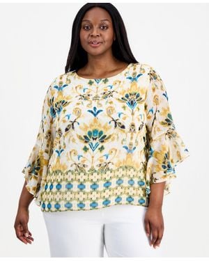 Kasper Plus Size Border-print Ruffle-sleeve Top - Multicolor