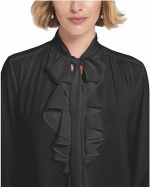 Elle Collection Flounce-trimmed Tie-neck Blouse Top - Black