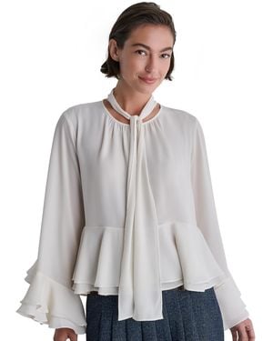 BCBGMAXAZRIA Long-sleeve Tie-neck Layered Cuff Blouse - White