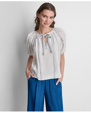 DKNY Puff-sleeve Top Stitch Tie Front Blouse - White
