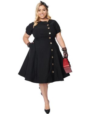 Unique Vintage Plus Size Asymmetrical Button Woven Swing Dress - Black