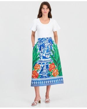 Tahari Printed Pull-on Flared Midi Skirt - Blue